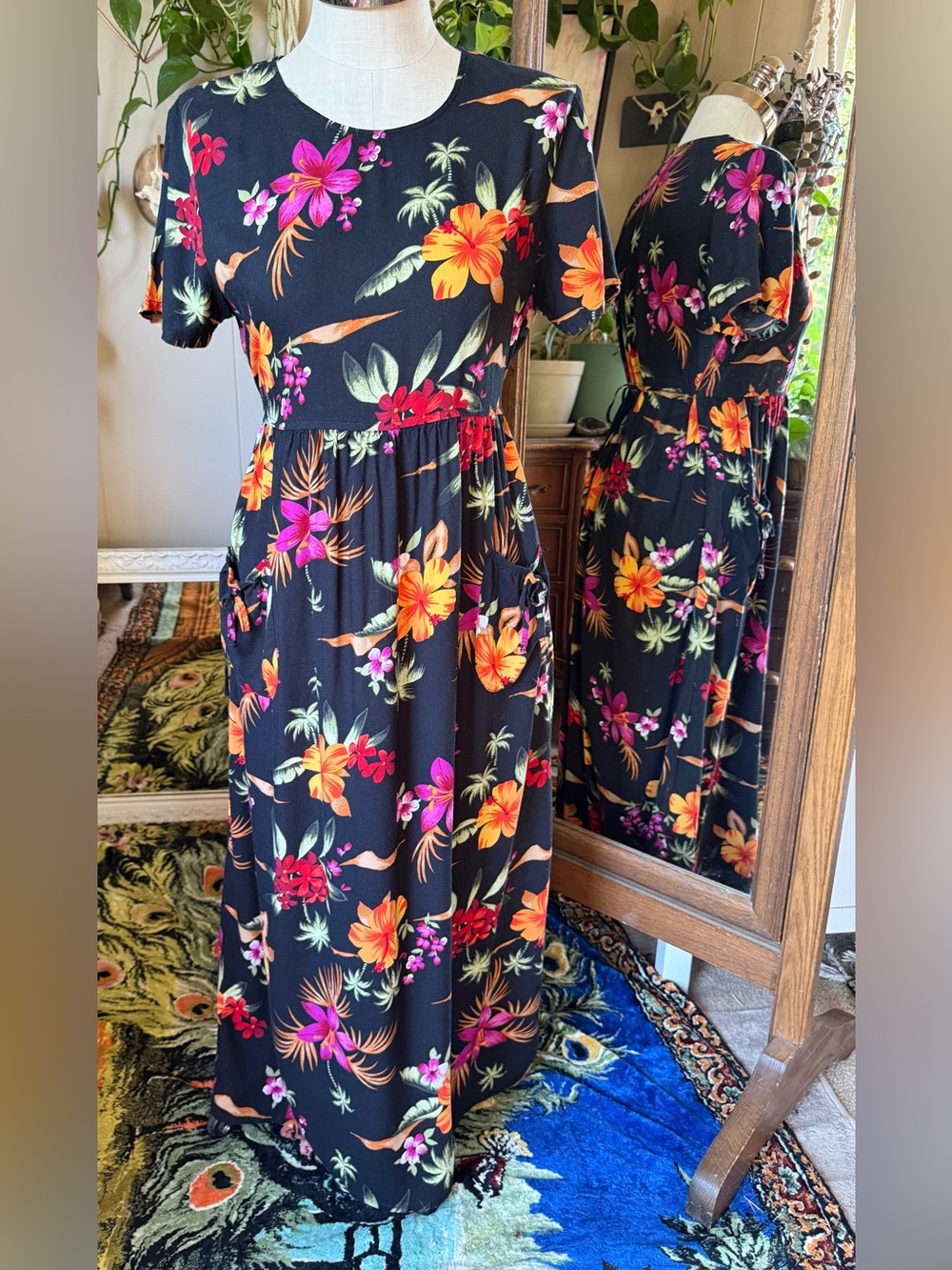 Vintage White Stag Black Maxi Dress with Orange & Pink Floral Print, size L